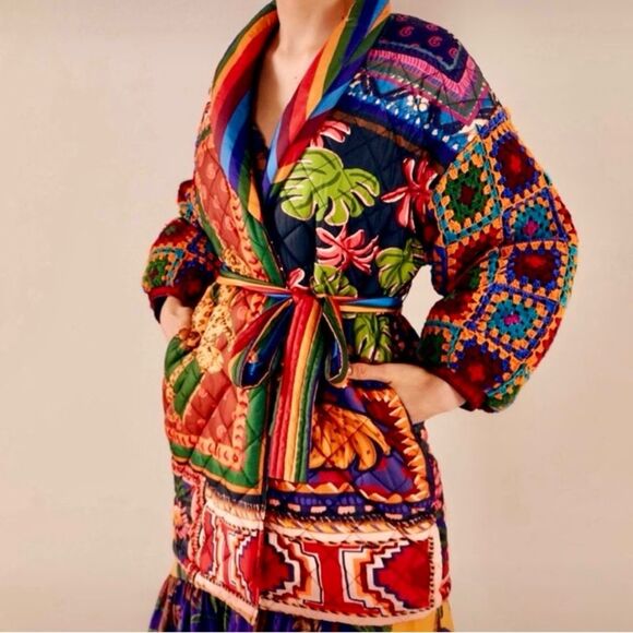 NEW FARM Rio Patchwork Tapestry Crochet Puffer Jacket Tropical Tie Belt Size XL - Picture 3 of 16